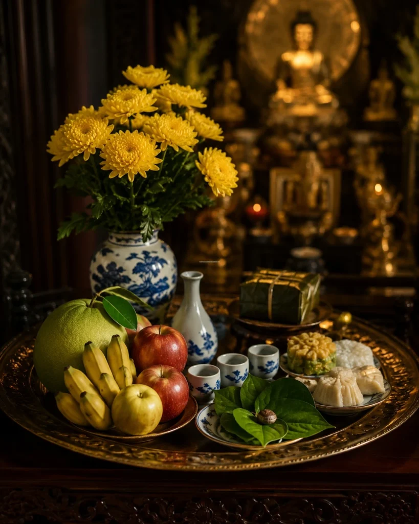 Mâm lễ cúng mùng 1 chay gồm những gì? Sắp xếp hương hoa trà quả trầu cau chuẩn phong thủy.