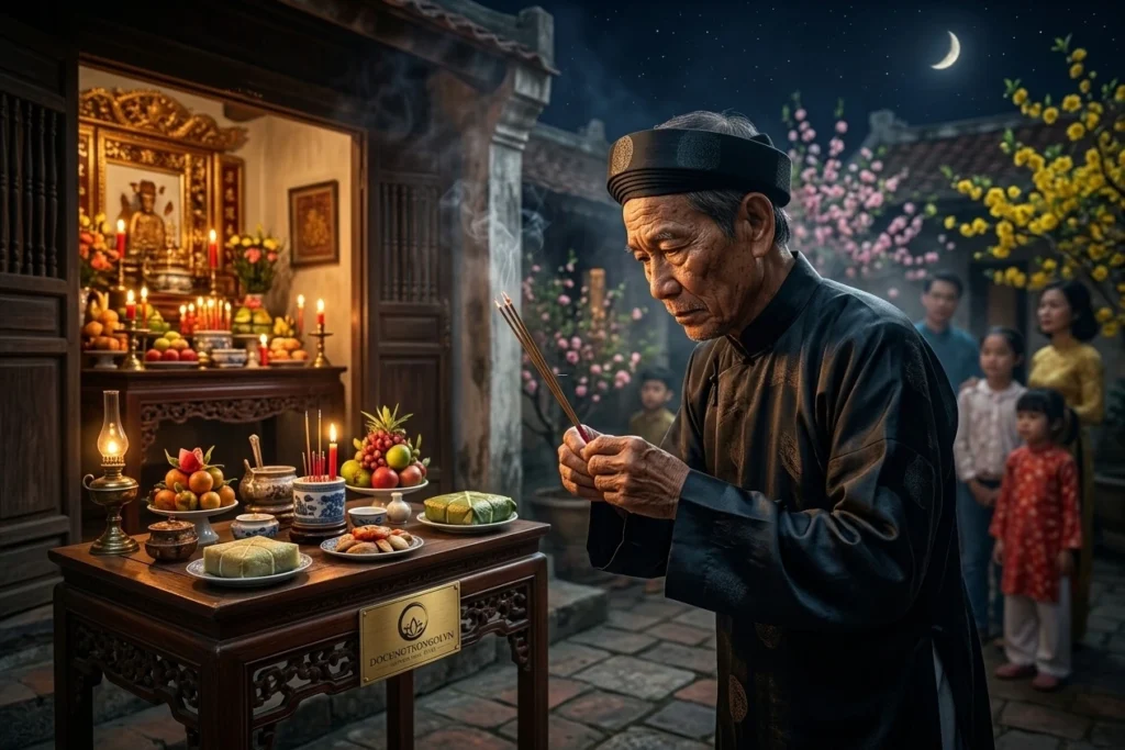 Hình ảnh gia chủ đang thực hiện nghi thức đêm cuối năm tống cựu nghinh tân, giải đáp chính xác cúng giao thừa lúc mấy giờ là đúng và cúng ở đâu trước.