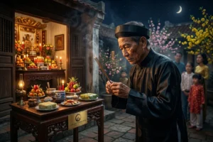 Hình ảnh gia chủ đang thực hiện nghi thức đêm cuối năm tống cựu nghinh tân, giải đáp chính xác cúng giao thừa lúc mấy giờ là đúng và cúng ở đâu trước.