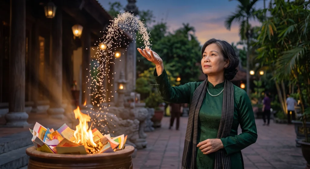 Hướng dẫn cách rải muối gạo ra 4 phương 8 hướng và hóa vàng mã sau khi đọc xong bài văn khấn cúng cô hồn chúng sinh rằm tháng bảy.