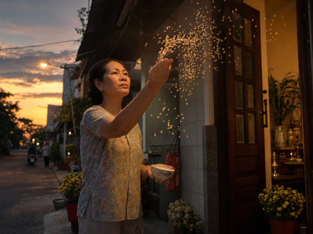 Gia chủ thực hiện nghi thức vãi gạo muối sau khi đọc xong bài văn khấn cúng chúng sinh ngoài trời để tiễn vong linh lang thang.