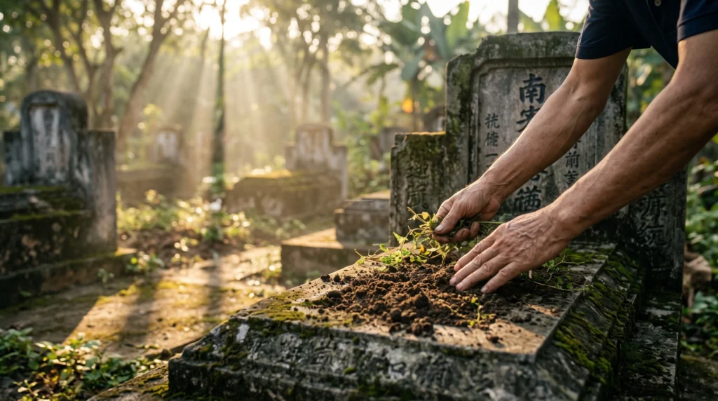 Quy trình dọn dẹp bồi đắp sửa sang mộ phần trong dịp Tết Thanh Minh.