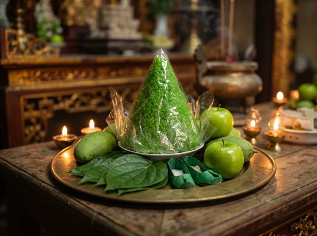 Sắm lễ đi đền Cô Bé Chí Mìu gồm những gì? Hình ảnh mâm lễ dâng Cô nổi bật với oản ngọc màu xanh và nón hài sảo.