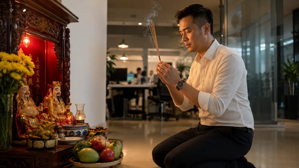 Chủ cửa hàng kinh doanh thắp hương bàn thờ ông Địa Thần Tài sáng và chiều, đọc bài văn khấn cầu tài lộc.