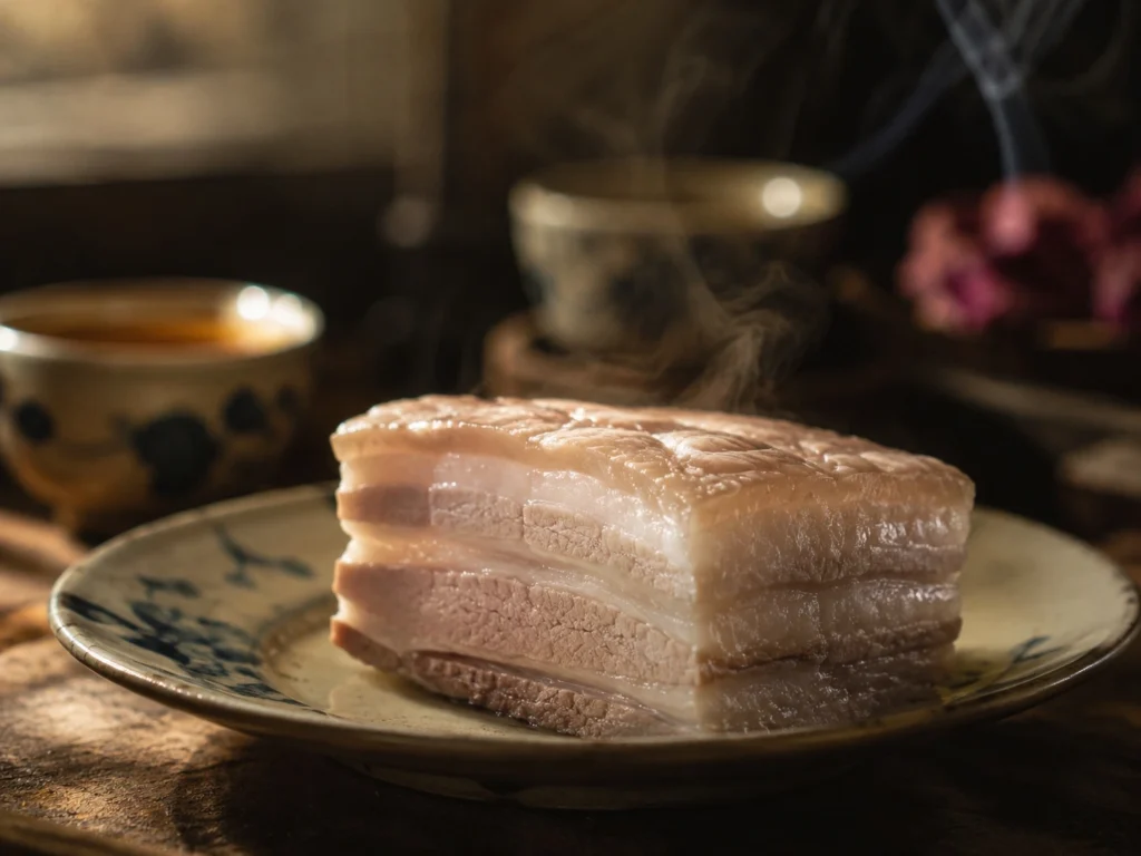 Ý nghĩa bộ tam sên: Lễ vật thịt ba rọi luộc tượng trưng cho yếu tố Thổ và loài thai sinh.