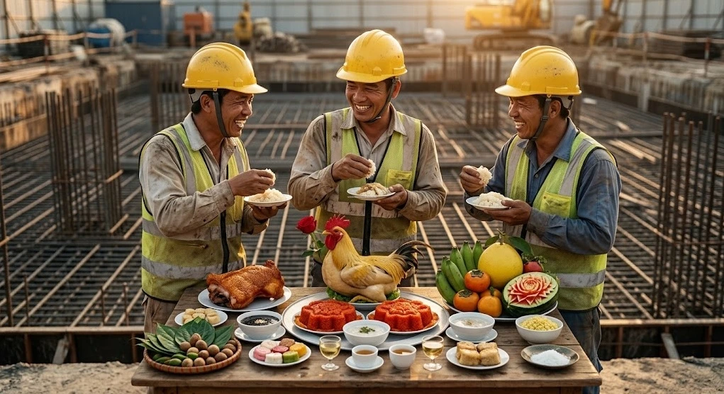 Đội ngũ thợ thi công vui vẻ thụ lộc mâm cúng đổ móng nhà để lấy may trước khi vận hành máy móc đổ bê tông