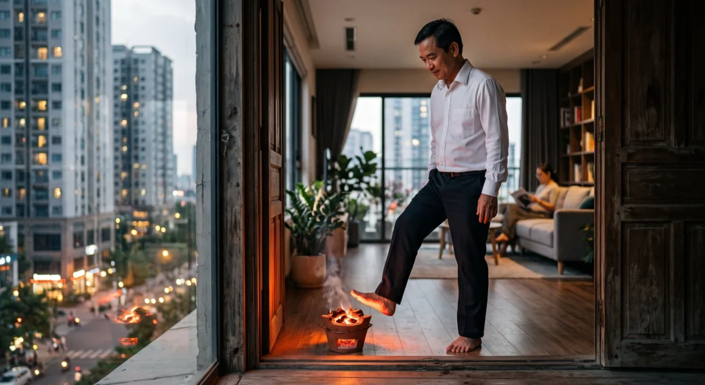 Thủ tục dọn nhà và bước qua bếp than khi làm lễ cúng nhập trạch giúp xua đuổi tà khí.