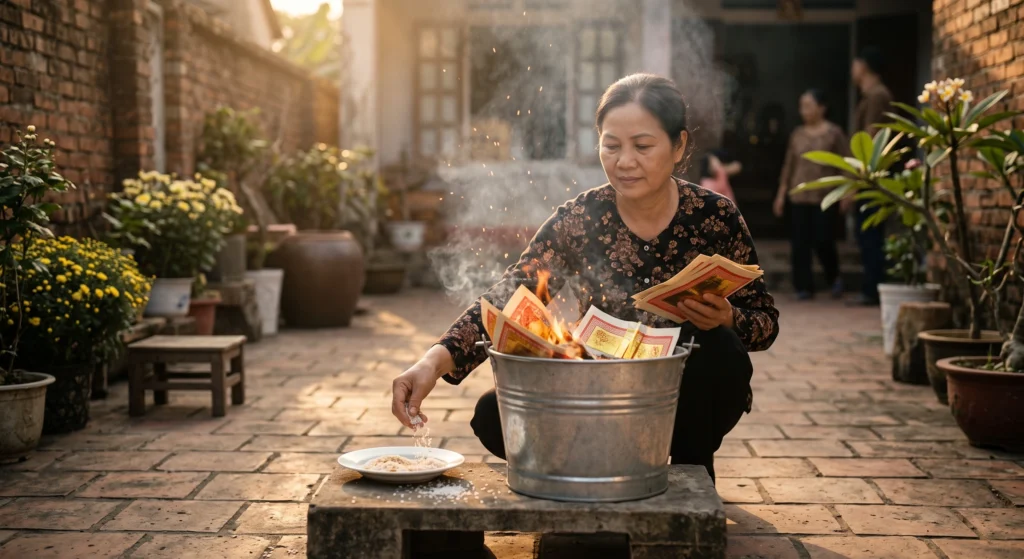 Hướng dẫn thủ tục hóa vàng mã và rải gạo muối khi hoàn tất lễ cúng.