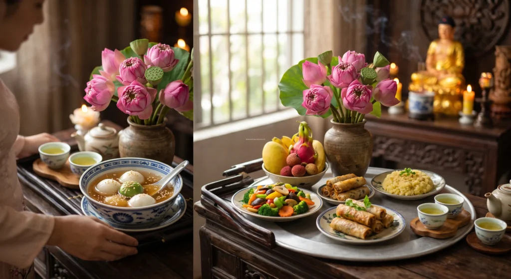Thực đơn mâm cỗ chay cúng Phật rằm tháng 1 với chè trôi nước và hoa sen tươi không sát sinh
