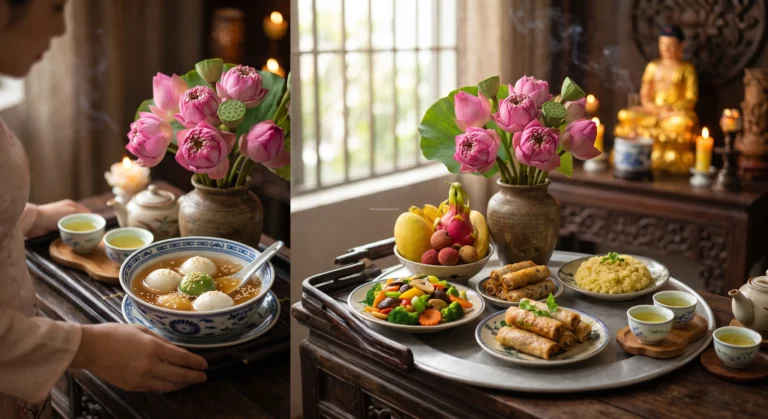 Thực đơn mâm cỗ chay cúng Phật rằm tháng 1 với chè trôi nước và hoa sen tươi không sát sinh