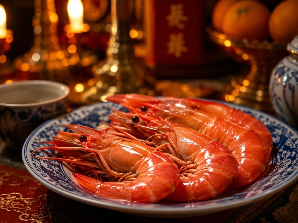 Cách chuẩn bị bộ tam sinh: 3 con tôm luộc đỏ au trong dĩa tam sên cúng khai trương đại diện cho yếu tố Thủy.