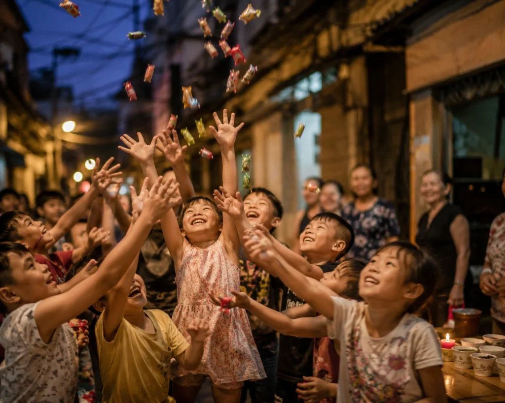 Trẻ em tham gia tục giật cô hồn hoan hỉ nhận lộc bố thí bánh kẹo giúp mang lại điềm lành và xua đuổi vận xui cho gia đình.