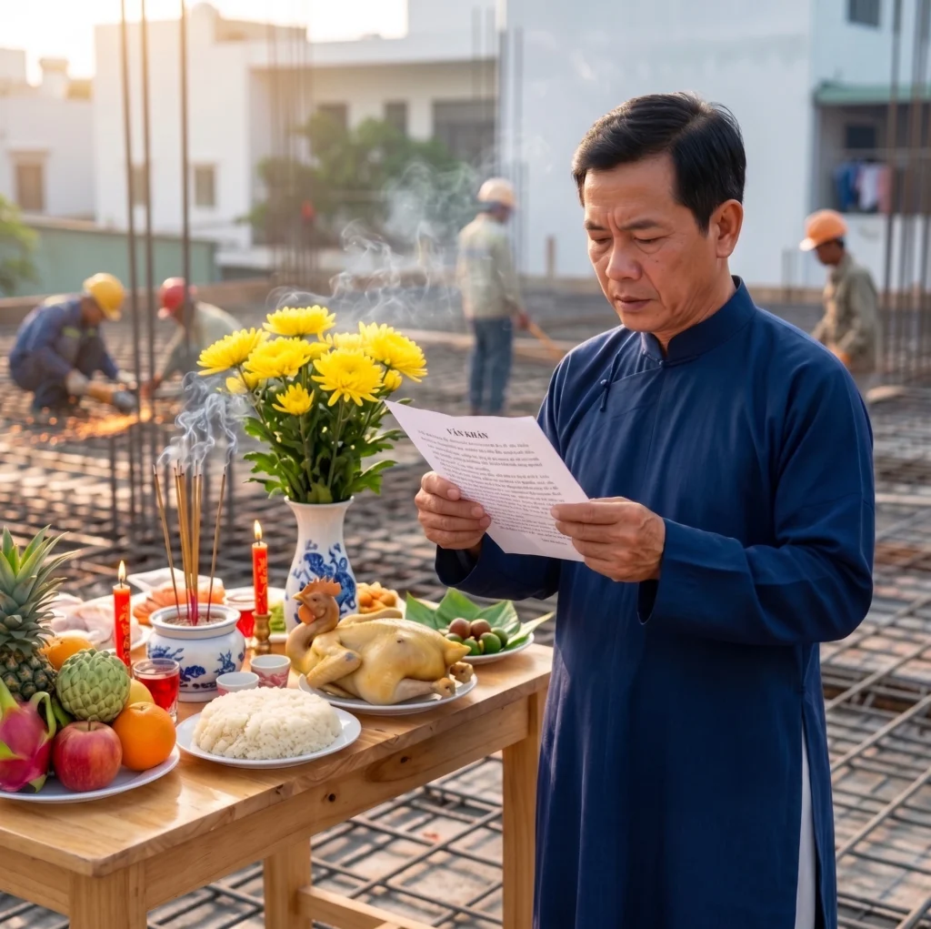 Hình ảnh gia chủ đang làm lễ cúng đổ bê tông sàn mái trên cùng của ngôi nhà phố hiện đại tại vị trí cao nhất đúng phong thủy.