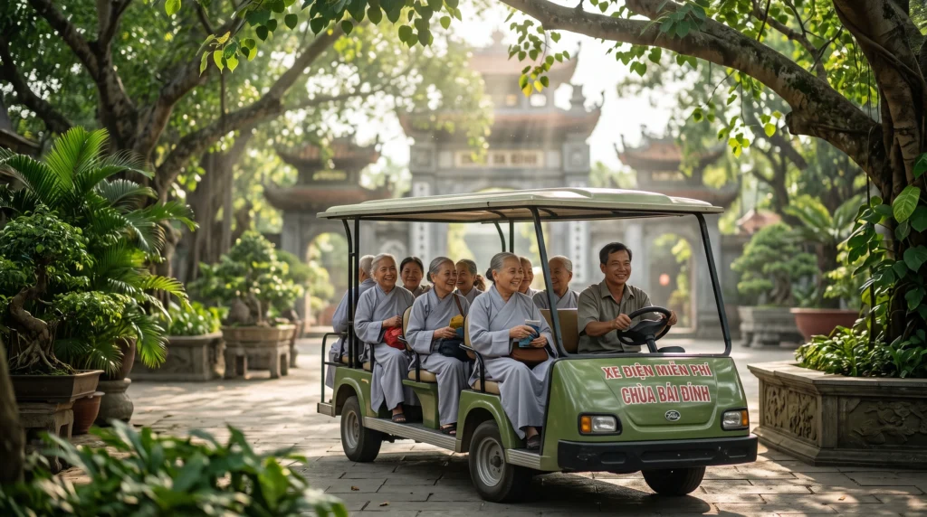 Chùa Quan Âm Phật Đài có thu vé vào cổng không, dịch vụ xe điện trung chuyển nội khu miễn phí cho khách hành hương miền Tây.