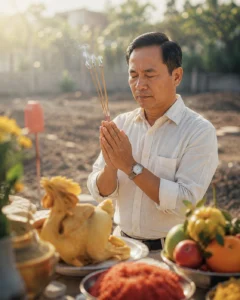 Hình ảnh gia chủ xem ngày giờ đẹp cúng động thổ hợp tuổi gia chủ và chuẩn bị tiến hành nghi thức thắp hương khởi công.