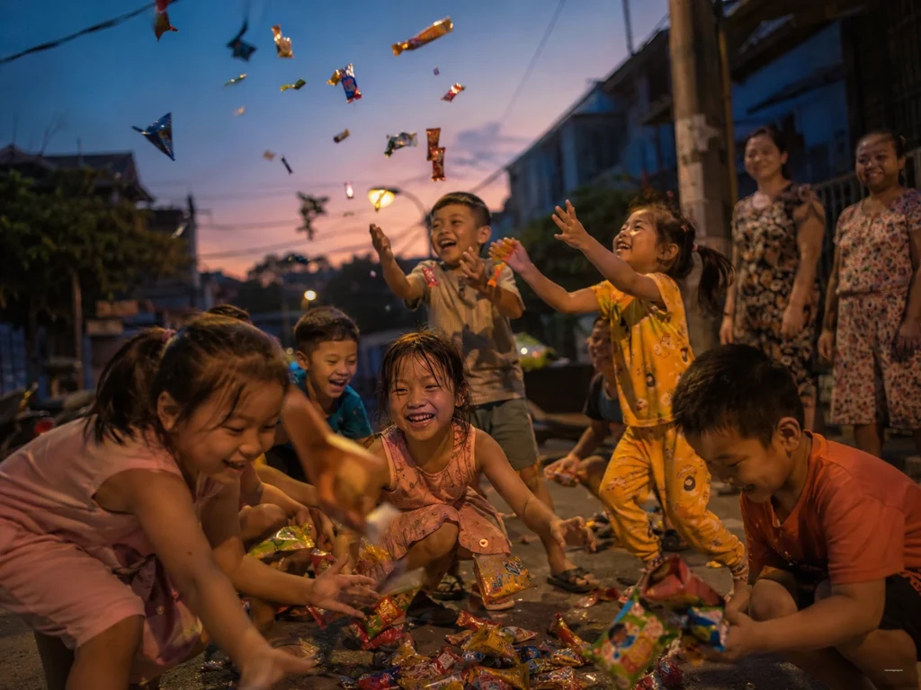 Giải đáp giật cô hồn có bị xui xẻo không qua hình ảnh trẻ em hoan hỉ nhận lộc bố thí mang lại điềm lành và phước đức.