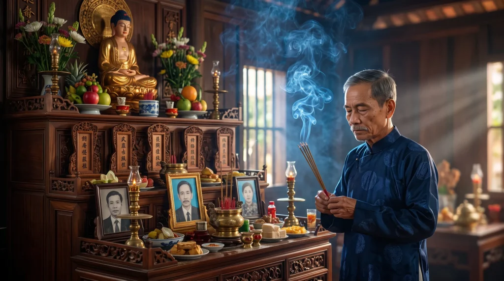 Cách bày trí mâm cúng Rằm tháng 7 theo nguyên tắc trên cao dưới thấp dành cho bàn thờ Phật và gia tiên trong nhà.