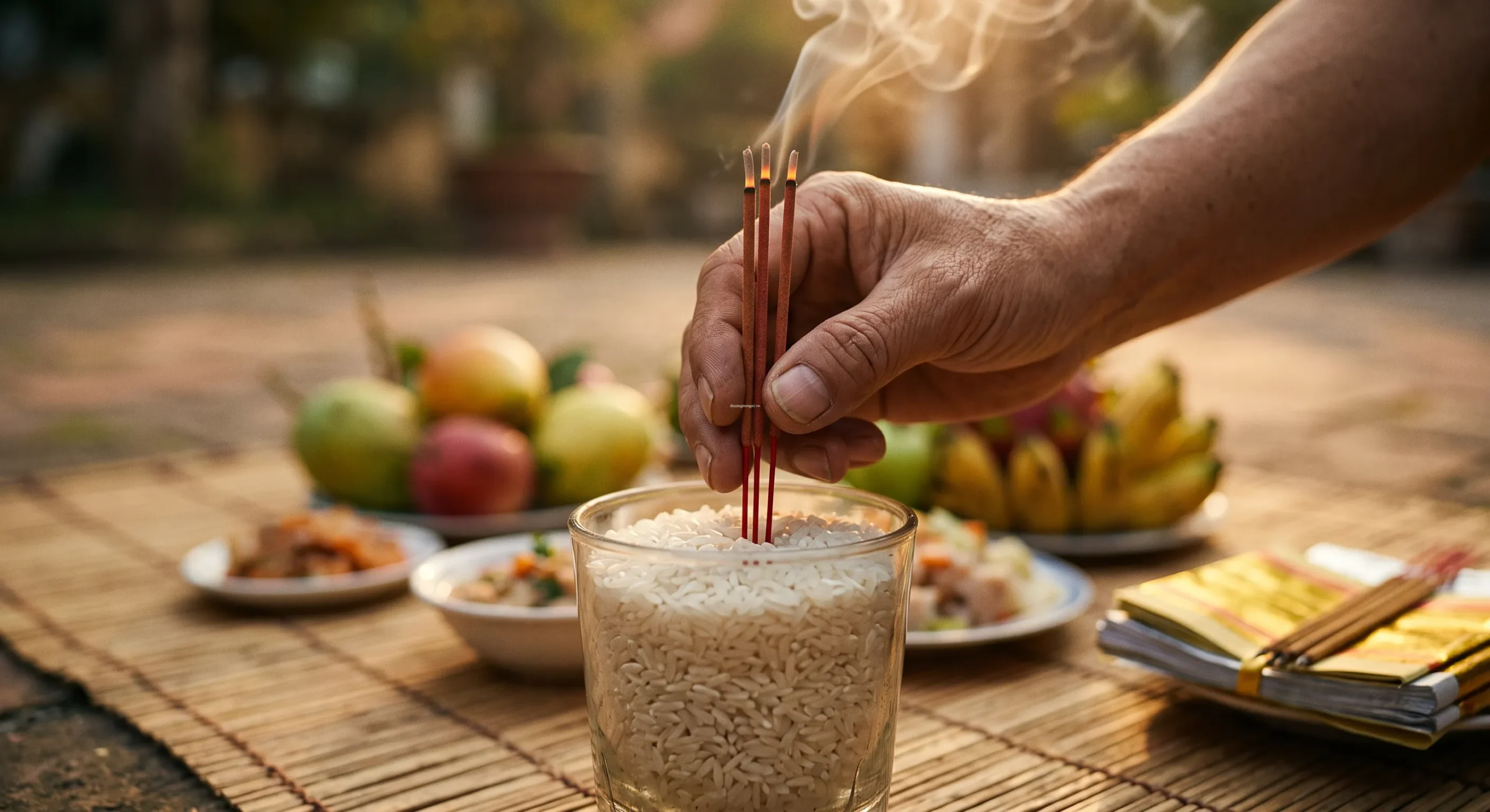 Cách cắm nhang mâm cúng ngoài trời - Sử dụng ly gạo làm đế cắm 3 nén hương cúng cô hồn đảm bảo an toàn cháy nổ.