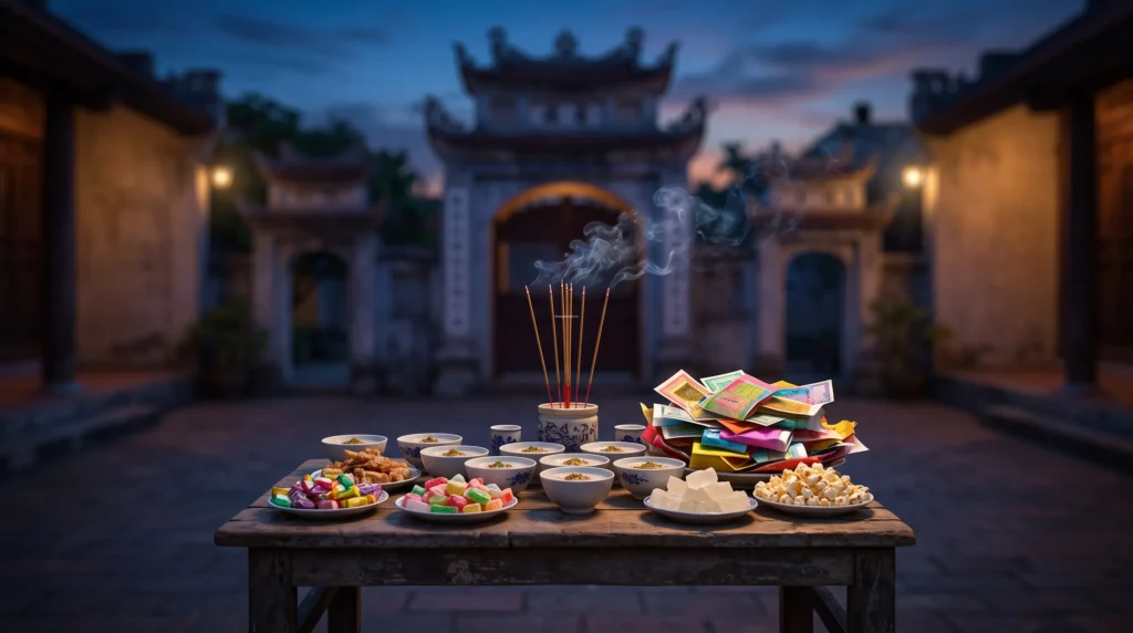 Đặt mâm cúng cô hồn ngoài trời chuẩn truyền thống với cháo loãng, bánh kẹo và gạo muối xá tội vong nhân.