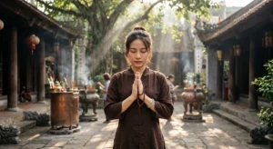 Người phụ nữ mặc áo tràng chắp tay đọc bài cúng Đền Quán Thánh cầu bình an tại Trấn Vũ Quán thuộc Thăng Long Tứ Trấn.