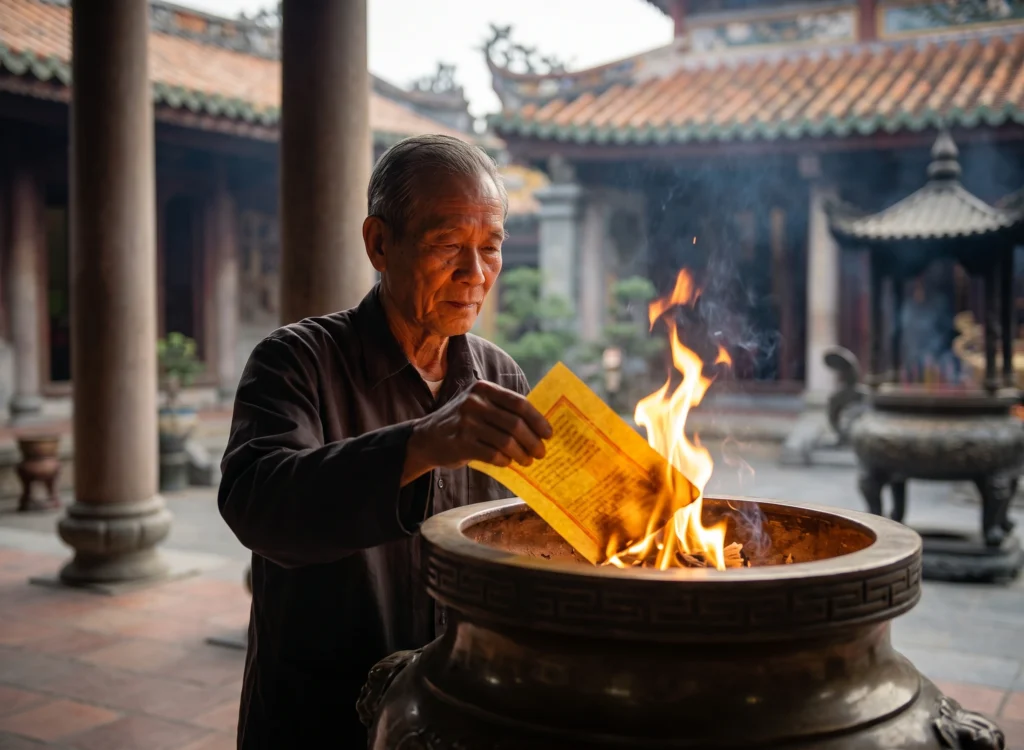 Trình tự hóa sớ cầu an và bài văn khấn ban Thành Hoàng trước khi hóa tiền vàng tại Đền Quán Thánh để lời nguyện cầu linh ứng.