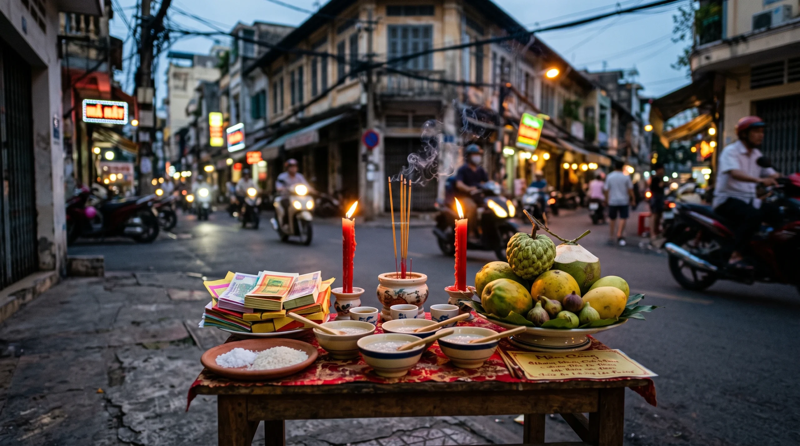 Cách bố trí mâm cúng cô hồn rằm tháng 7 ngoài trời chuẩn văn hóa Nam Bộ gồm cháo loãng vàng mã và mâm ngũ quả.