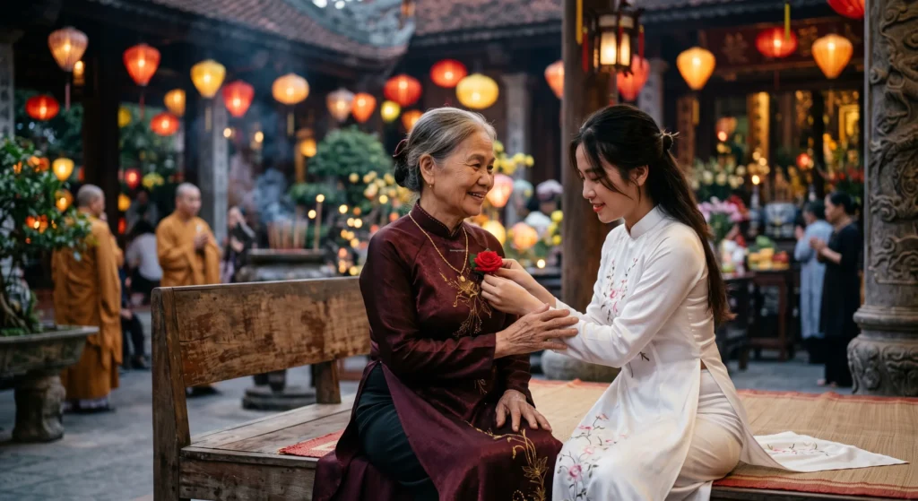 Ý nghĩa biểu tượng nghi thức cài bông hồng đỏ áo trong đại lễ vu lan báo hiếu Phật giáo.