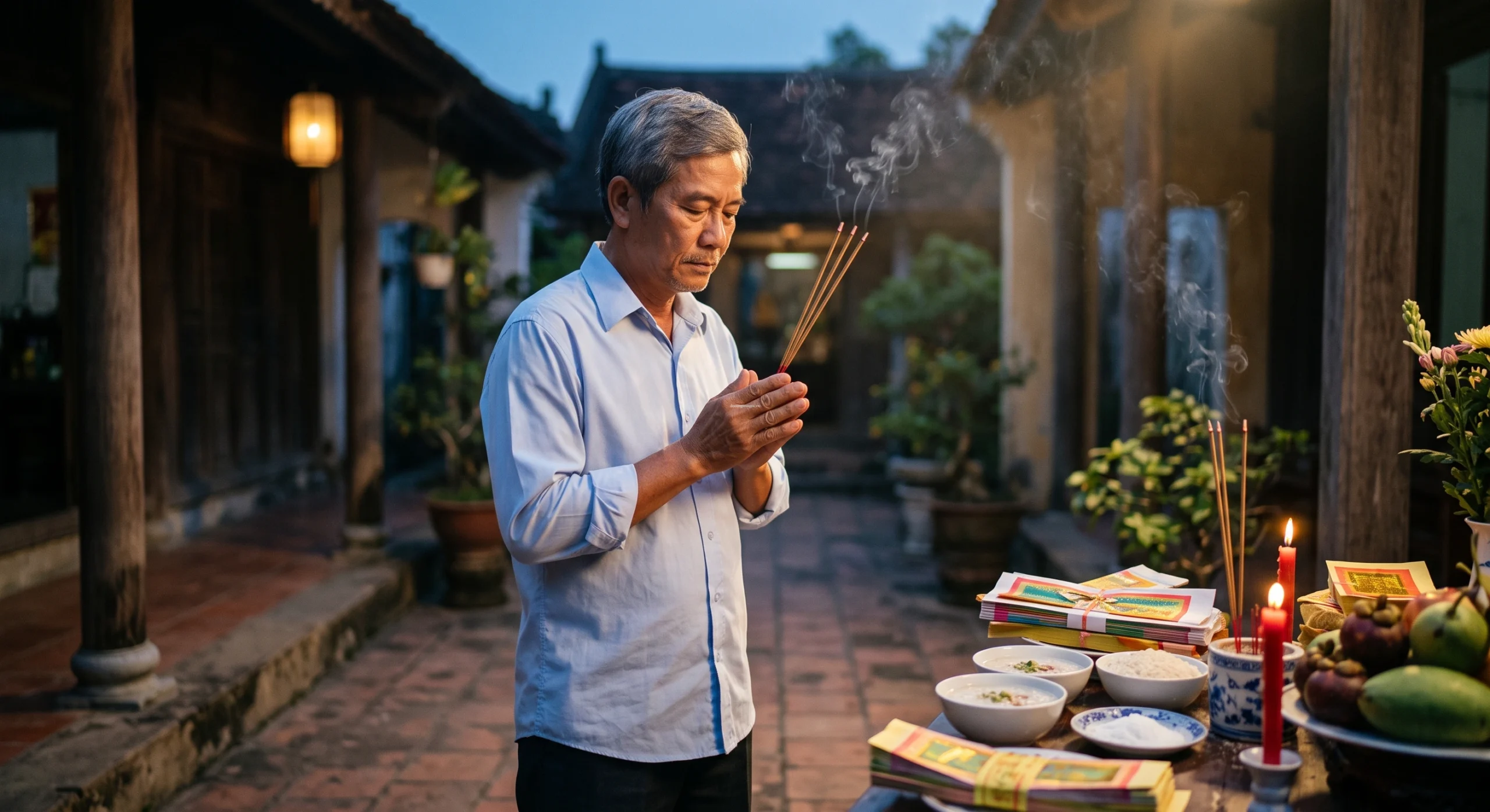 Gia chủ thực hiện nghi thức đọc bài văn khấn cúng cô hồn rằm tháng 7 và trì tụng chân ngôn trước đàn chẩn tế.