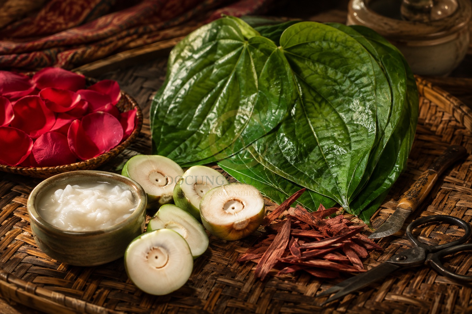 Nguyên liệu têm trầu cánh phượng bao gồm lá trầu quế màu bánh tẻ, quả cau nửa màu, vỏ chay đỏ, vôi trắng và dụng cụ dao kéo sắc bén.