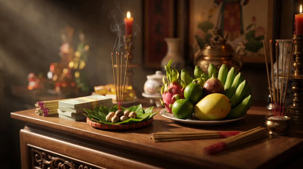 Chi tiết mâm cúng chay tiêu chuẩn Rằm tháng 7 bao gồm trái cây ngũ quả, hoa cúc, giấy cúng thí thực và vàng mã gia tiên.