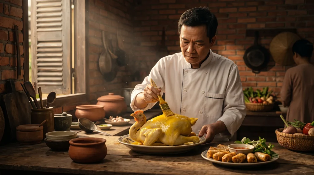 Thực đơn mâm cúng mặn Rằm tháng 7 gồm gà luộc nguyên con da vàng óng và chả giò tôm bắp giòn rụm.
