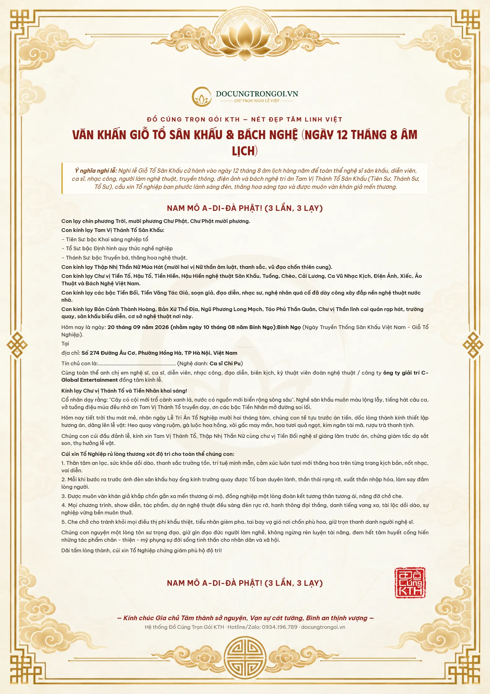 Bài Văn Khấn Giỗ Tổ Nghề Sân Khấu & Cách Sắm Lễ Linh Nghiệm 2026 