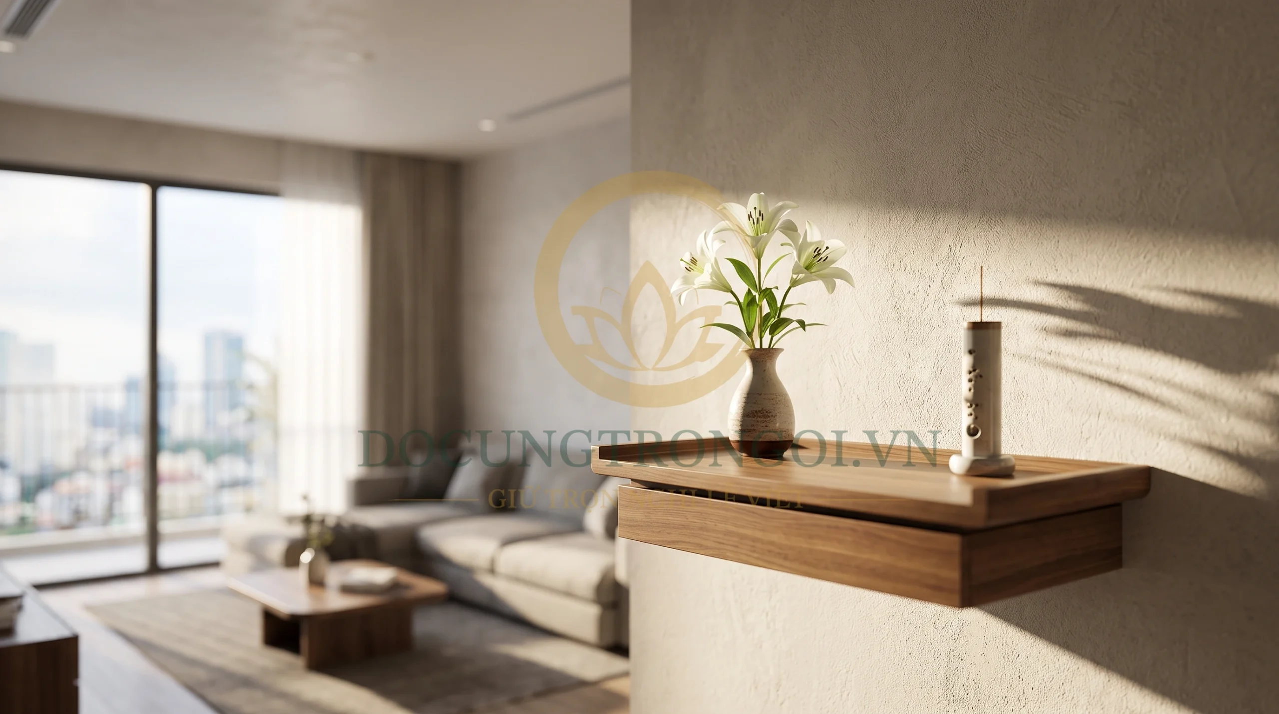 Cách bày trí 2 bình hoa trên bàn thờ gia tiên hoặc ứng dụng lộc bình và ống hương đối diện cho bàn thờ treo tường chung cư.