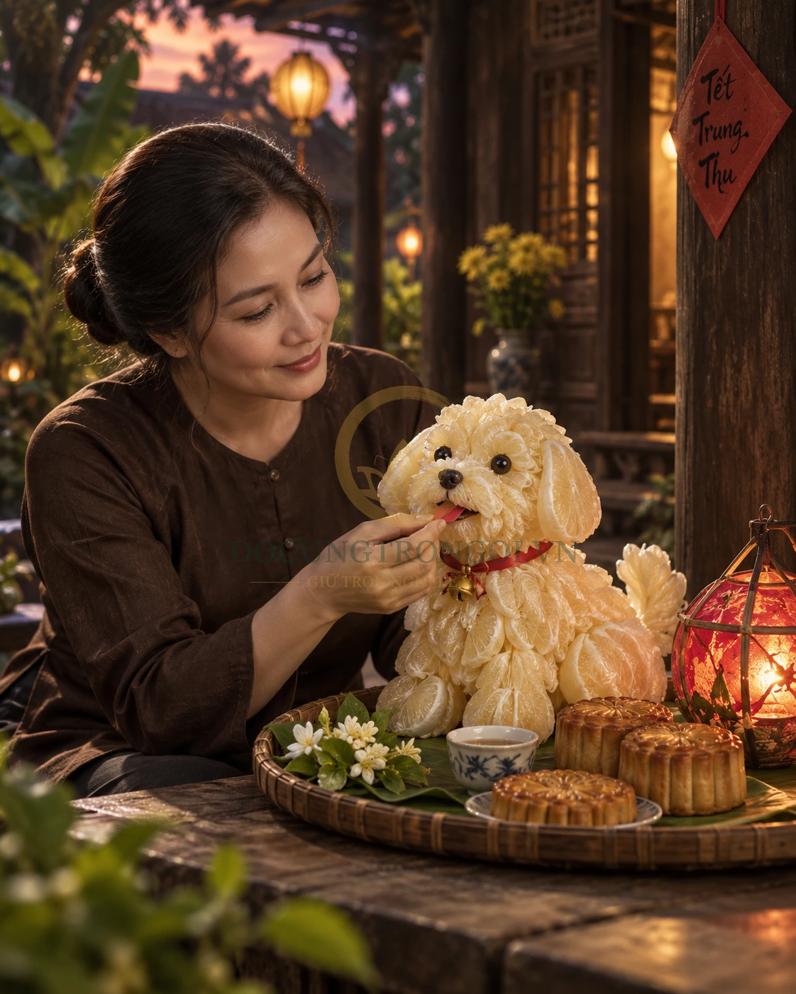 Cách làm chó bưởi trang trí mâm cỗ Trung thu truyền thống với bộ lông từ tép bưởi tơi xù tuyệt đẹp.