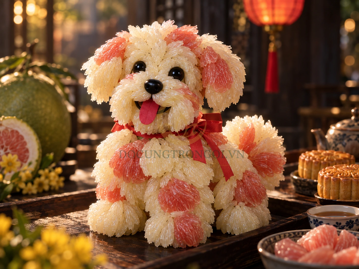 Cách làm chó đốm bằng bưởi đào kết hợp với bưởi trắng tạo hiệu ứng loang màu sinh động cho đêm hội trăng rằm.