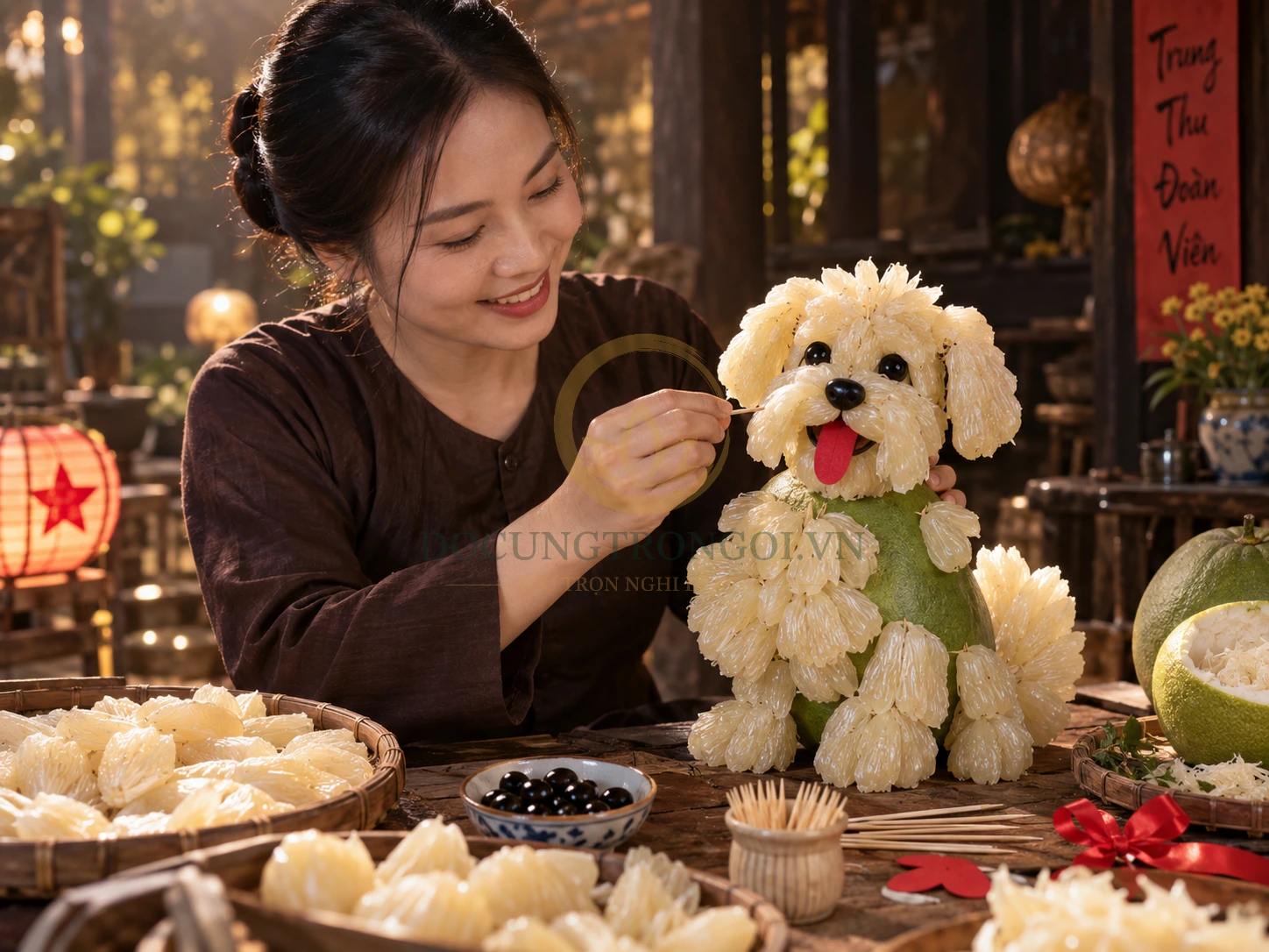 Hướng dẫn chi tiết cách làm chó bưởi bằng đu đủ, dùng tăm nhọn ghim cố định múi bưởi phủ kín khung thân.