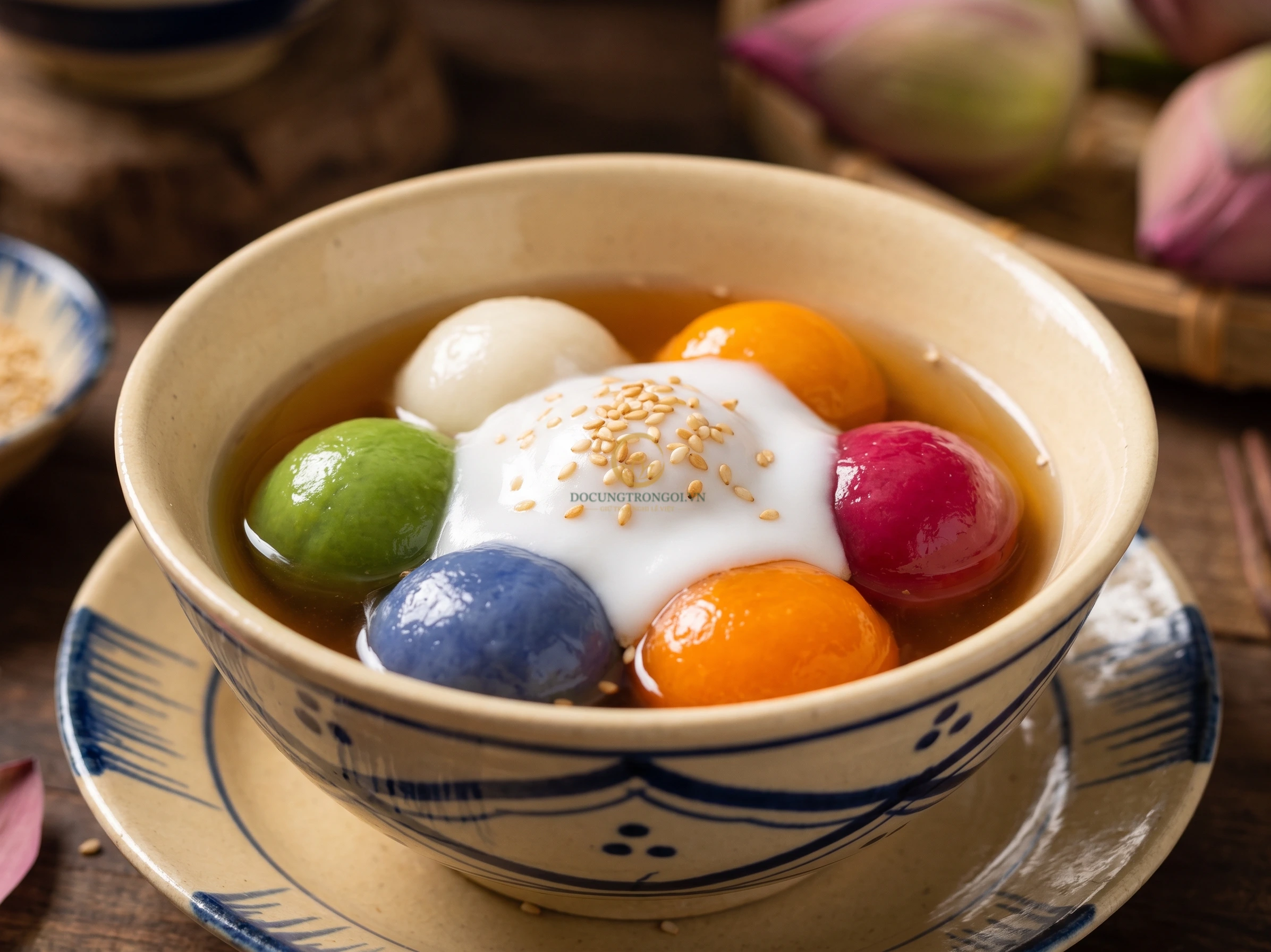 Hướng dẫn làm chè trôi nước ngũ sắc tại nhà với màu tự nhiên từ lá dứa, hoa đậu biếc và quả gấc cho mâm cúng thôi nôi.