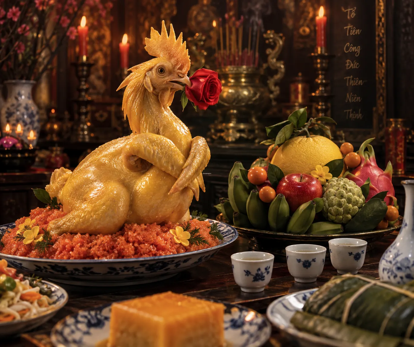Lễ vật cúng giỗ tổ nghề sân khấu gồm những gì? Cận cảnh mâm cỗ mặn với ván xôi con gà và trái cây dâng hương tổ nghiệp.