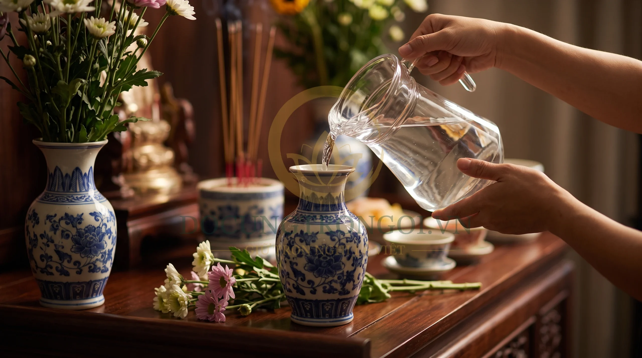 Lưu ý khi cắm hoa và bày trái cây trên bàn thờ sử dụng lộc bình gốm Bát Tràng để giữ nước sạch lâu, tránh sinh uế khí.