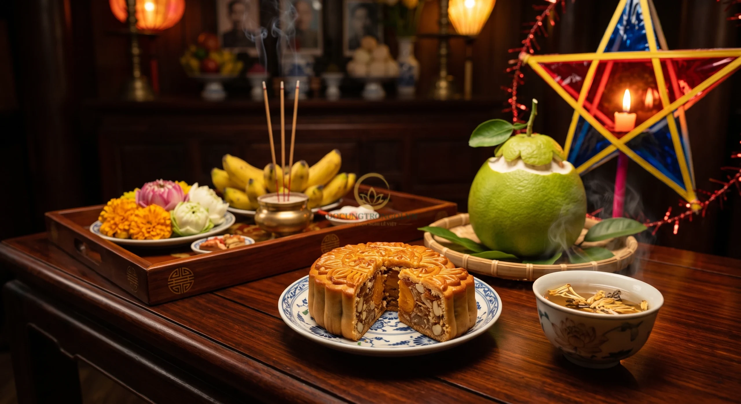 Mâm ngũ quả và bánh nướng bánh dẻo trong mâm cỗ cúng tết trung thu 15 tháng 8 âm lịch.