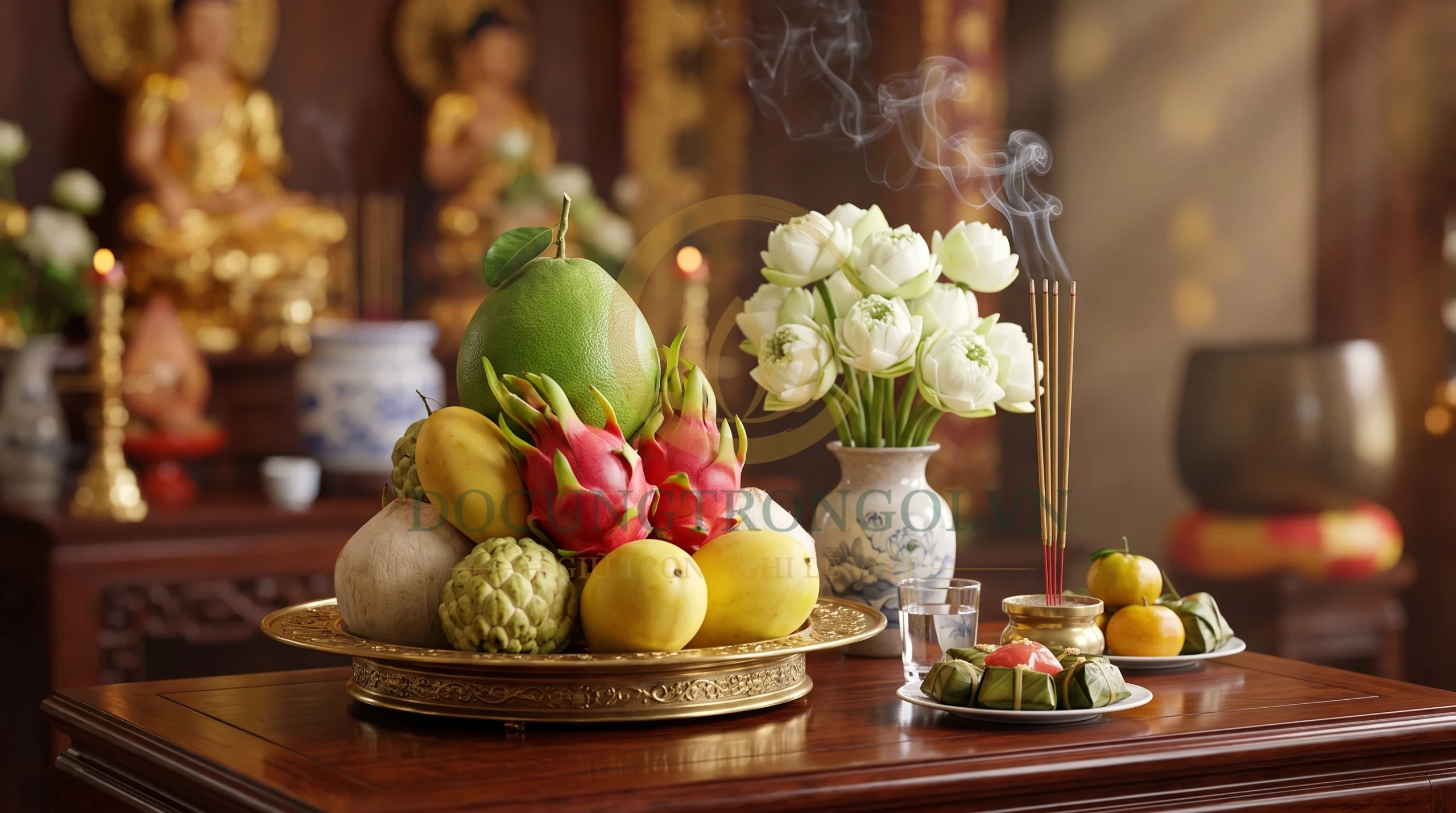 Hướng dẫn cách sắm mâm ngũ quả chay và hoa sen dâng Phật cúng cắt duyên âm
