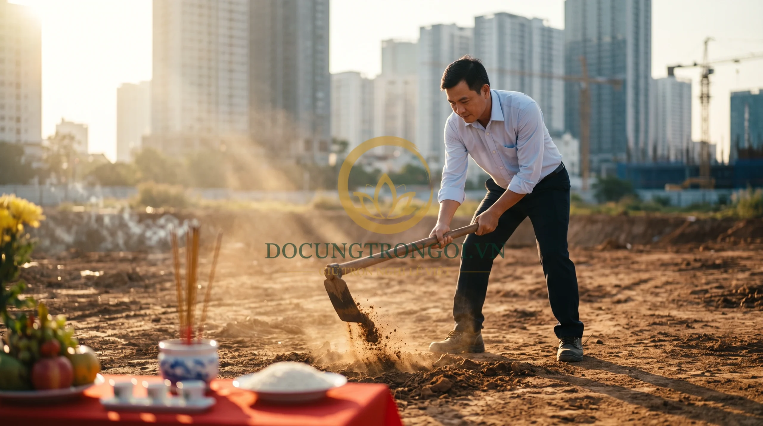Chủ nhà tiến hành nghi thức cuốc đất động thổ tại vị trí định xây móng sau khi đã khấn vái Thổ thần tại tọa độ đặt mâm cúng xây nhà mới.