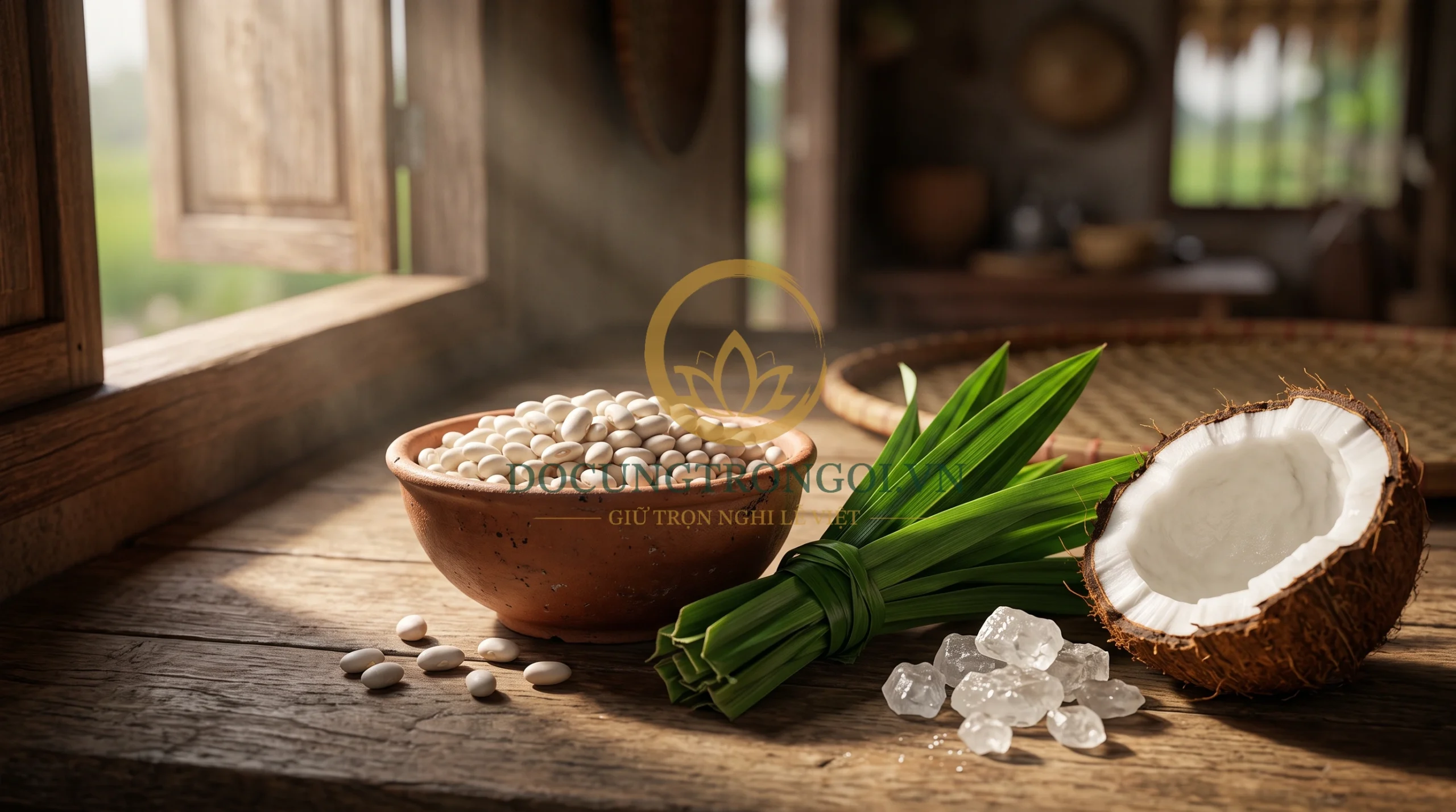 Định lượng nguyên liệu nấu chè đậu trắng nước cốt dừa dẻo thơm gồm đậu trắng bi, nếp cái hoa vàng, đường phèn và lá dứa.
