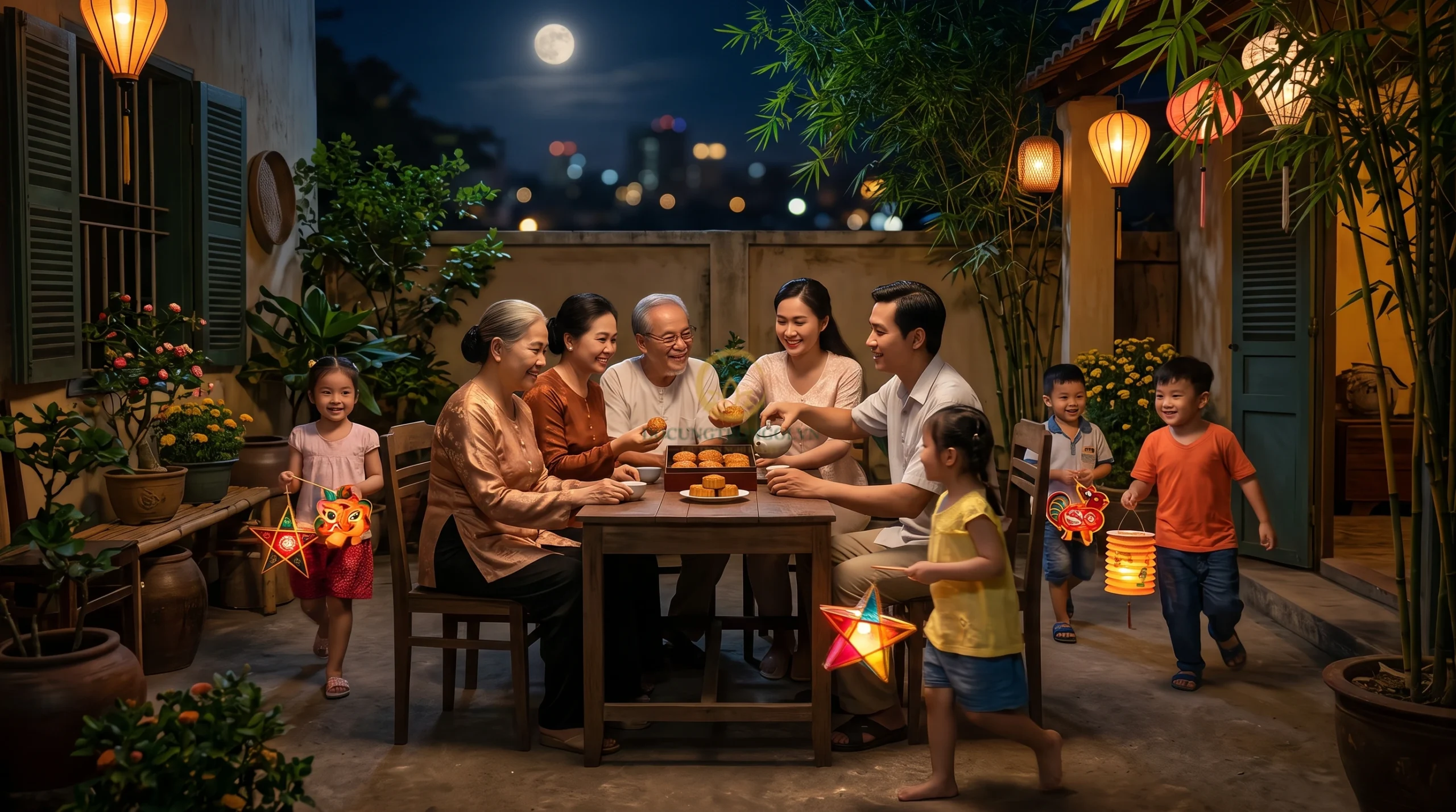 Gia đình sum vầy phá cỗ rước đèn sau khi hoàn tất nghi thức cúng Rằm tháng 8 Tết đoàn viên.