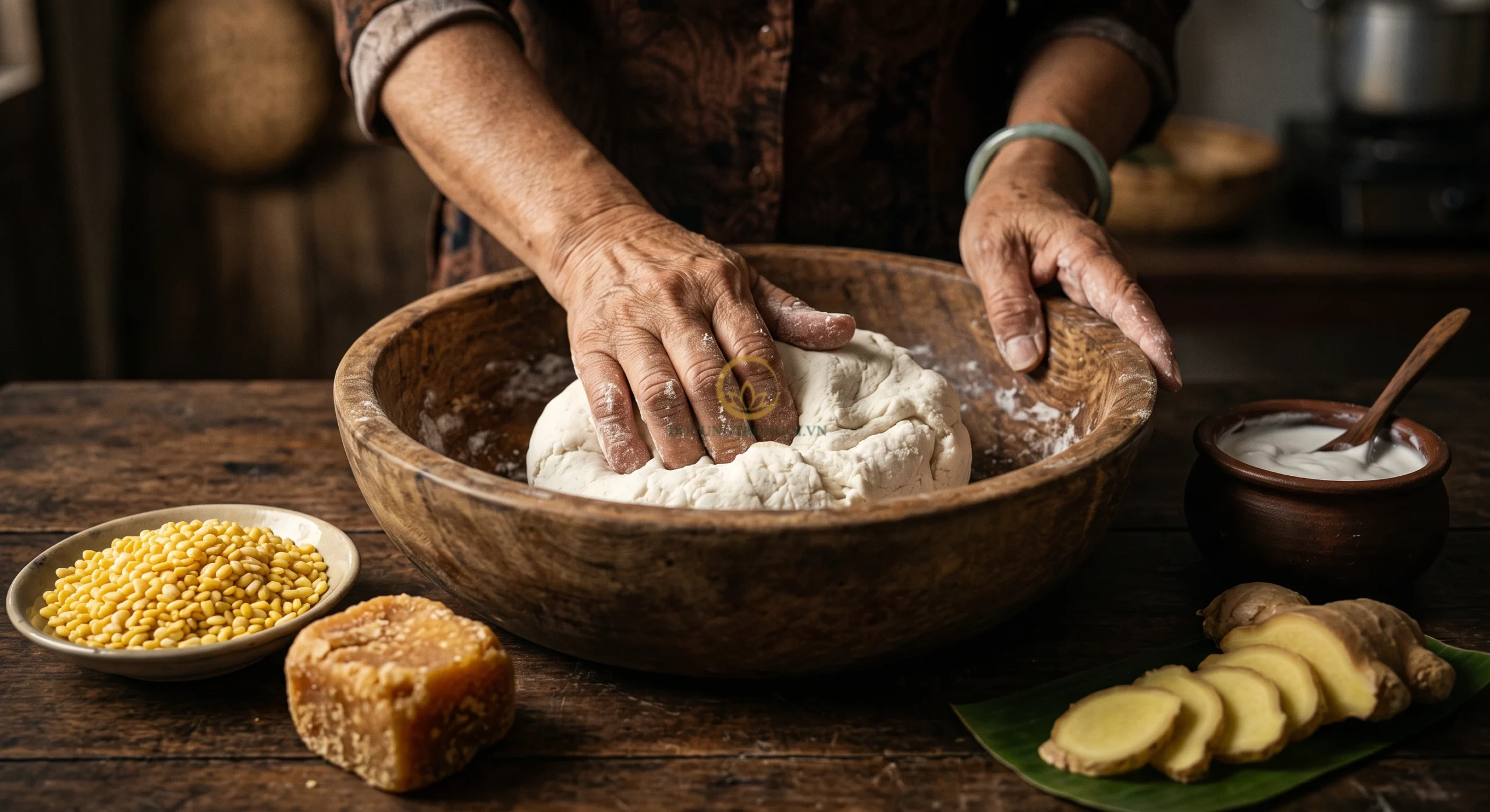 Thành phần nguyên liệu làm vỏ bánh và nhân bánh chè trôi nước bao gồm bột nếp, đậu xanh đãi vỏ, đường thốt nốt và nước cốt dừa béo ngậy.