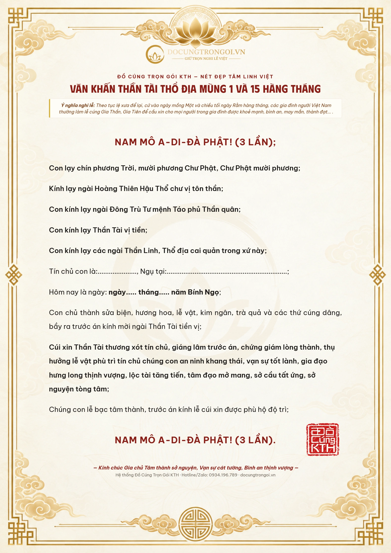 Văn Khấn Mùng 1 Hàng Tháng