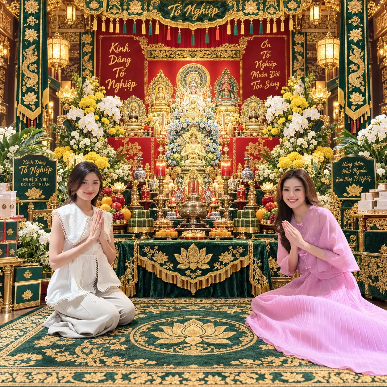 Đèn cầy ly phát sáng, nhang trầm thơm và lư đồng thắp hương Thánh Tổ