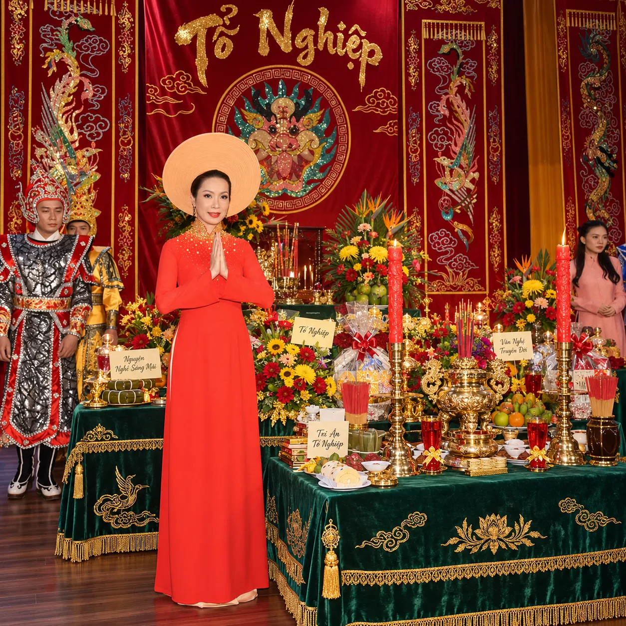 Bình hoa lay ơn đỏ tươi thắm và cúc vàng dâng Thánh Tổ Sân Khấu tài lộc